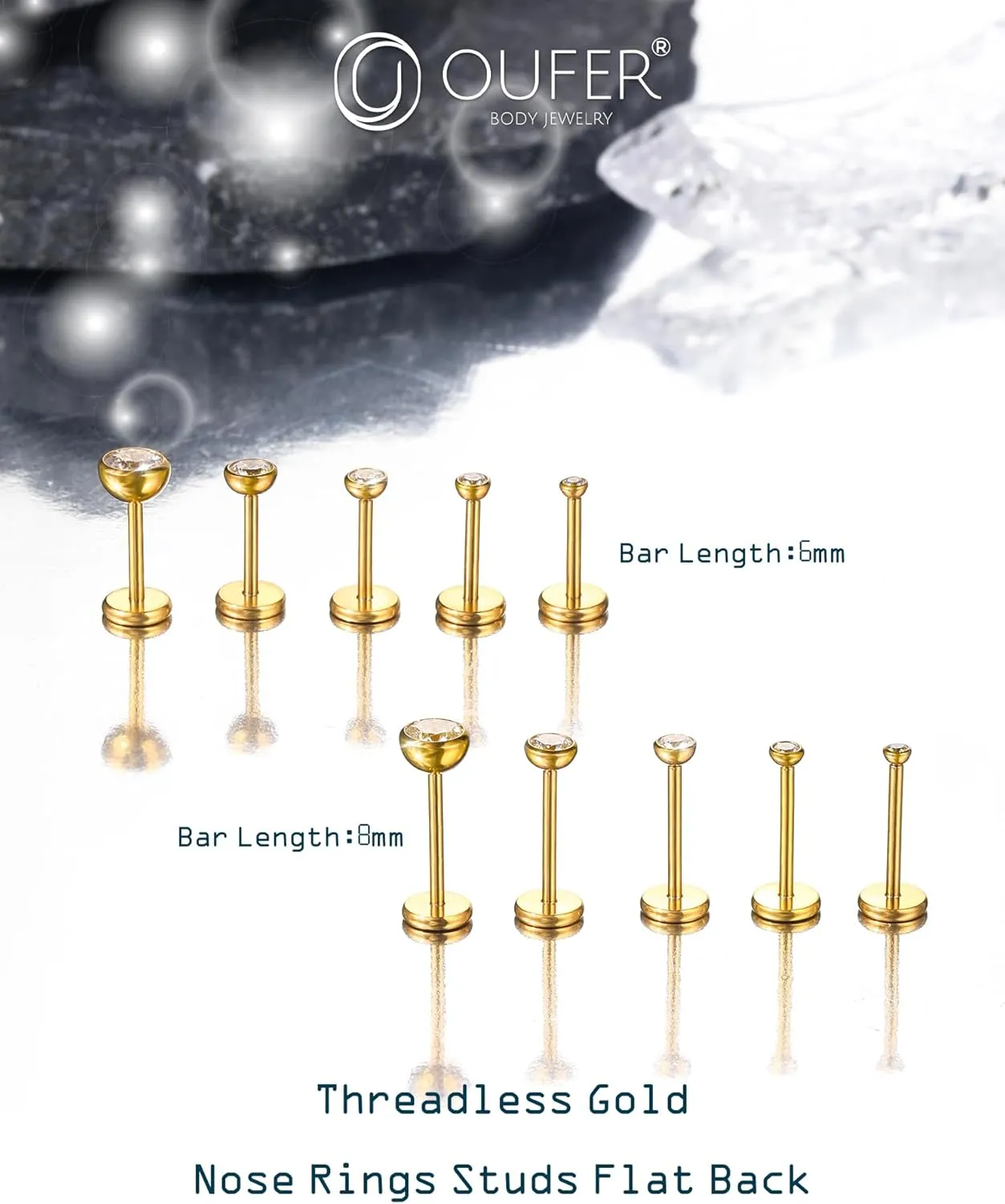 OUFER 2Pcs 20G/18G/16G G23 Titanium Threadless Nose Stud Earrings Flat Back Tiny CZ Small Nose Helix Cartilage Tragus Conch Labret Medusa Monroe Piercing Jewelry for Women Men