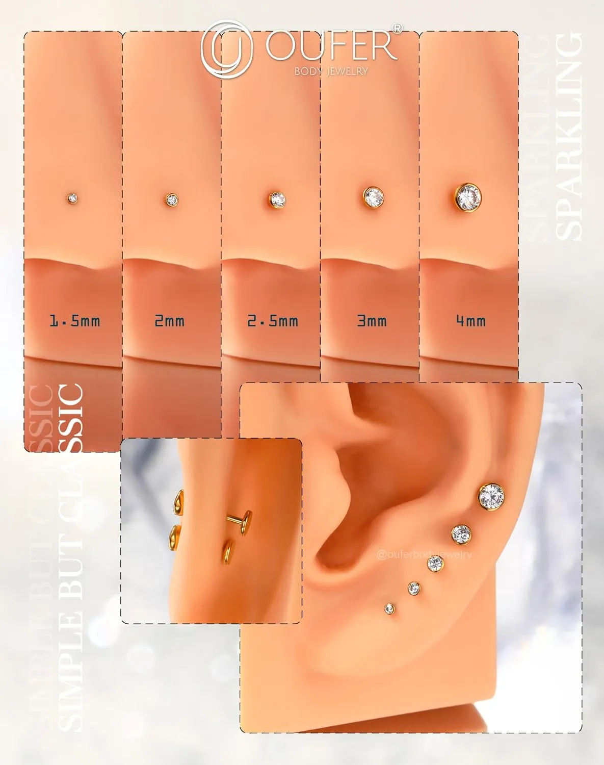 OUFER 2Pcs 20G/18G/16G G23 Titanium Threadless Nose Stud Earrings Flat Back Tiny CZ Small Nose Helix Cartilage Tragus Conch Labret Medusa Monroe Piercing Jewelry for Women Men