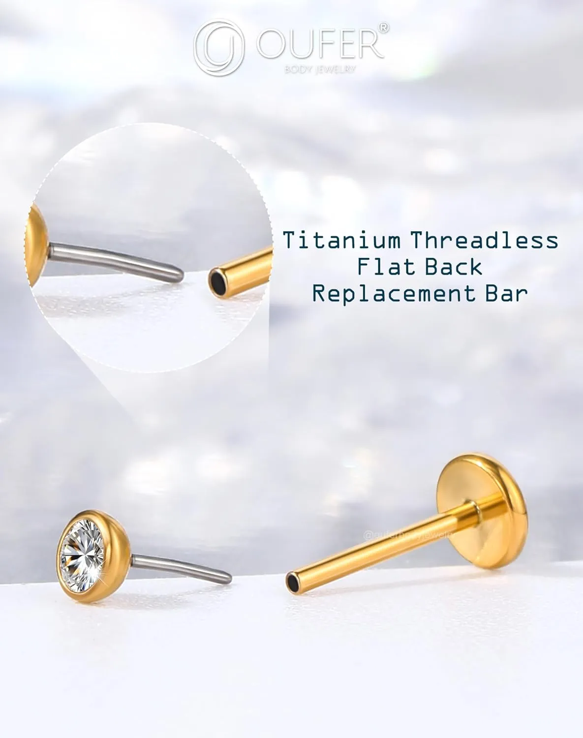 OUFER 2Pcs 20G/18G/16G G23 Titanium Threadless Nose Stud Earrings Flat Back Tiny CZ Small Nose Helix Cartilage Tragus Conch Labret Medusa Monroe Piercing Jewelry for Women Men