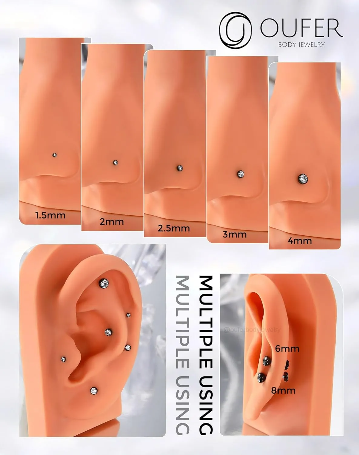 OUFER 2Pcs 20G/18G/16G G23 Titanium Threadless Nose Stud Earrings Flat Back Tiny CZ Small Nose Helix Cartilage Tragus Conch Labret Medusa Monroe Piercing Jewelry for Women Men
