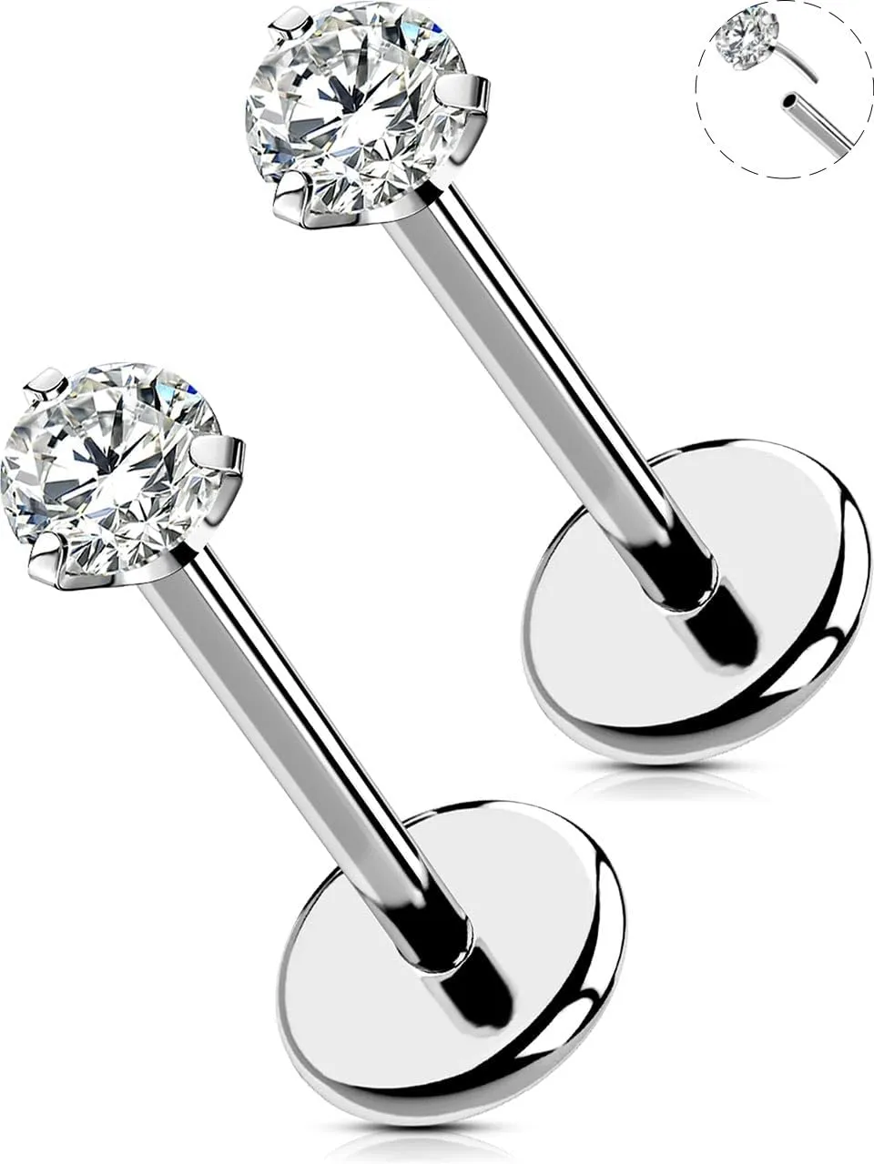 OUFER 2PCS Nose Piercings, G23 Solid Titanium Threadless Nose Rings 20G, Clear Tiny CZ Nose Stud Flat Back Nose Nostril Piercing Jewelry for Women Men
