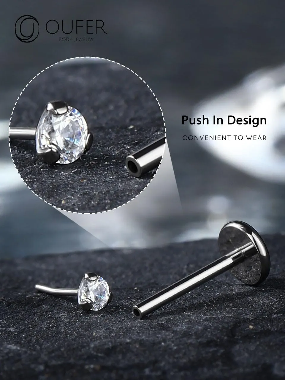 OUFER 2PCS Nose Piercings, G23 Solid Titanium Threadless Nose Rings 20G, Clear Tiny CZ Nose Stud Flat Back Nose Nostril Piercing Jewelry for Women Men