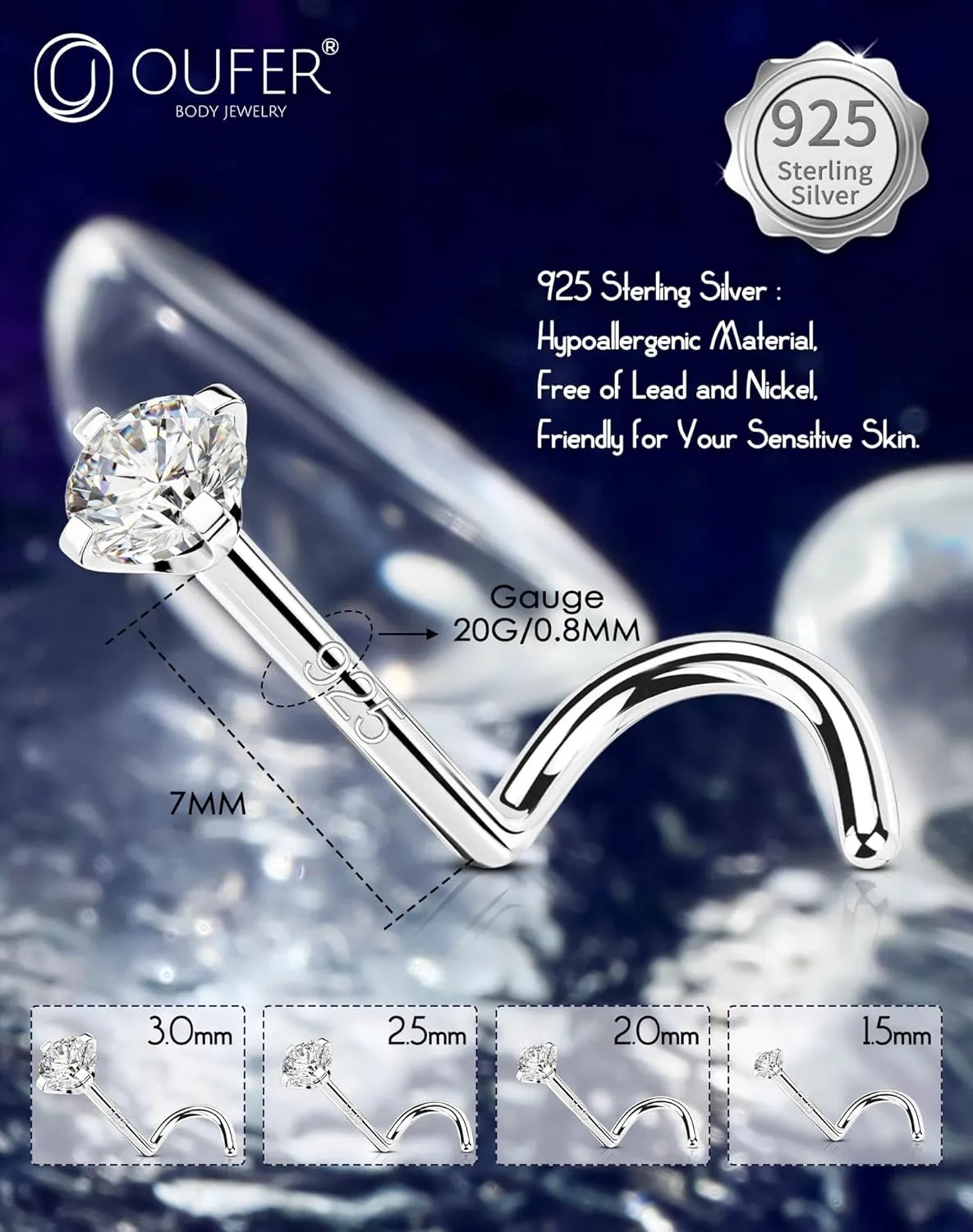 OUFER 925 Sterling Silver Nose Rings, Screw Shaped Nose Studs, 20G Nostril Piercing Jewelry, 1.5mm Round CZ Nose Rings Studs, Tiny Nose Piercing Jewelry, Nose Rings For Women Men