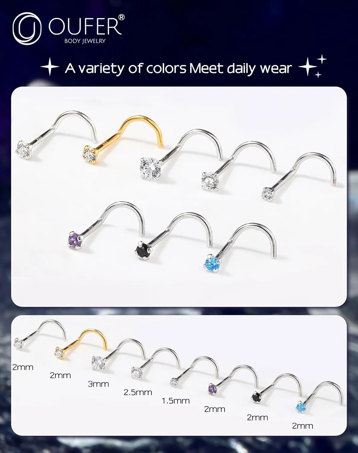 OUFER 925 Sterling Silver Nose Rings, Screw Shaped Nose Studs, 20G Nostril Piercing Jewelry, 1.5mm Round CZ Nose Rings Studs, Tiny Nose Piercing Jewelry, Nose Rings For Women Men