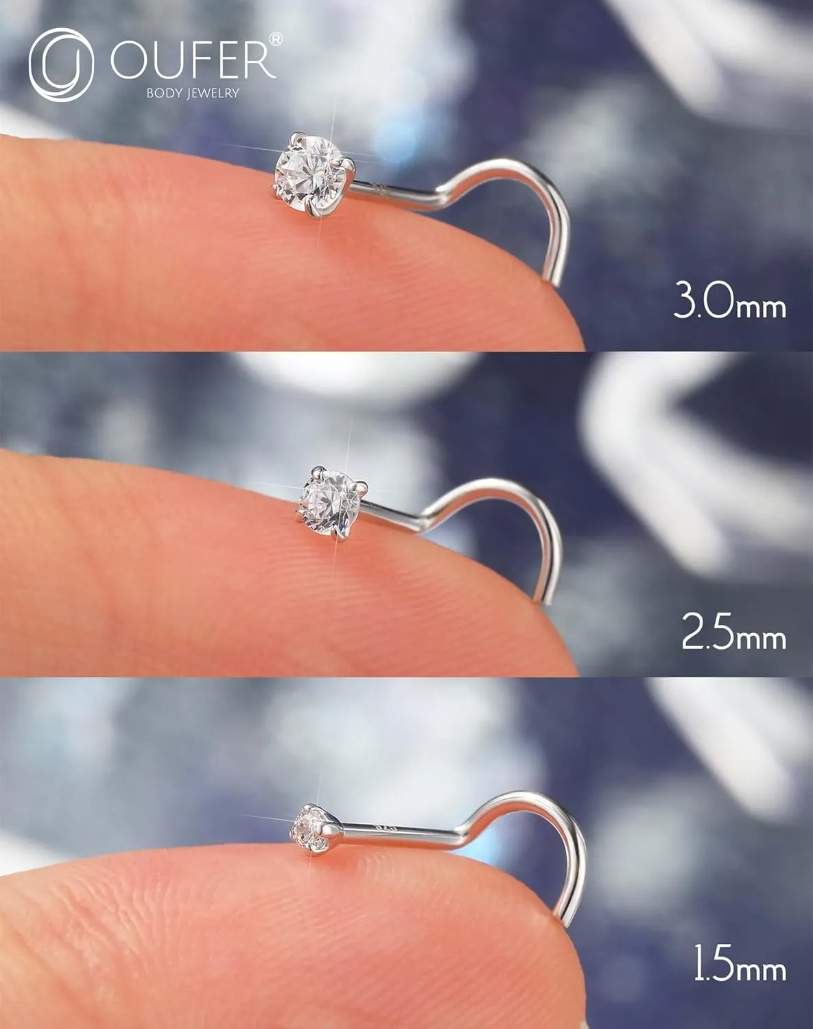 OUFER 925 Sterling Silver Nose Rings, Screw Shaped Nose Studs, 20G Nostril Piercing Jewelry, 1.5mm Round CZ Nose Rings Studs, Tiny Nose Piercing Jewelry, Nose Rings For Women Men