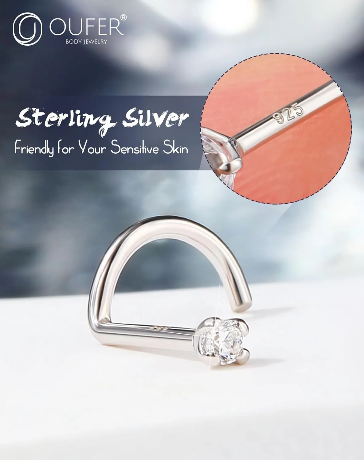 OUFER 925 Sterling Silver Nose Rings, Screw Shaped Nose Studs, 20G Nostril Piercing Jewelry, 1.5mm Round CZ Nose Rings Studs, Tiny Nose Piercing Jewelry, Nose Rings For Women Men