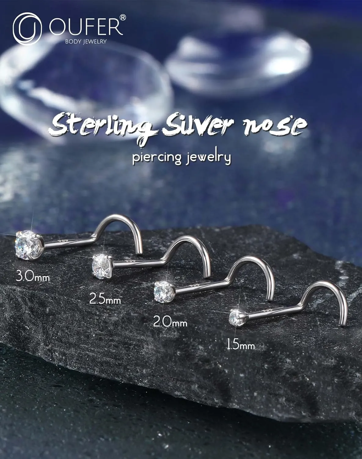 OUFER 925 Sterling Silver Nose Rings, Screw Shaped Nose Studs, 20G Nostril Piercing Jewelry, 1.5mm Round CZ Nose Rings Studs, Tiny Nose Piercing Jewelry, Nose Rings For Women Men