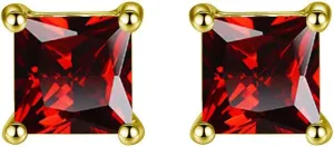 Paris Jewelry 24K Yellow Gold Plated Stud Earrings | 2 Cttw Created Earring | Yellow Gold Plated Ruby BirthStone Earrings Jewelry | Princess Cut Stud Earrings | Pushback Back Finding | 4 Prongs Settings Earring | Gift for Women