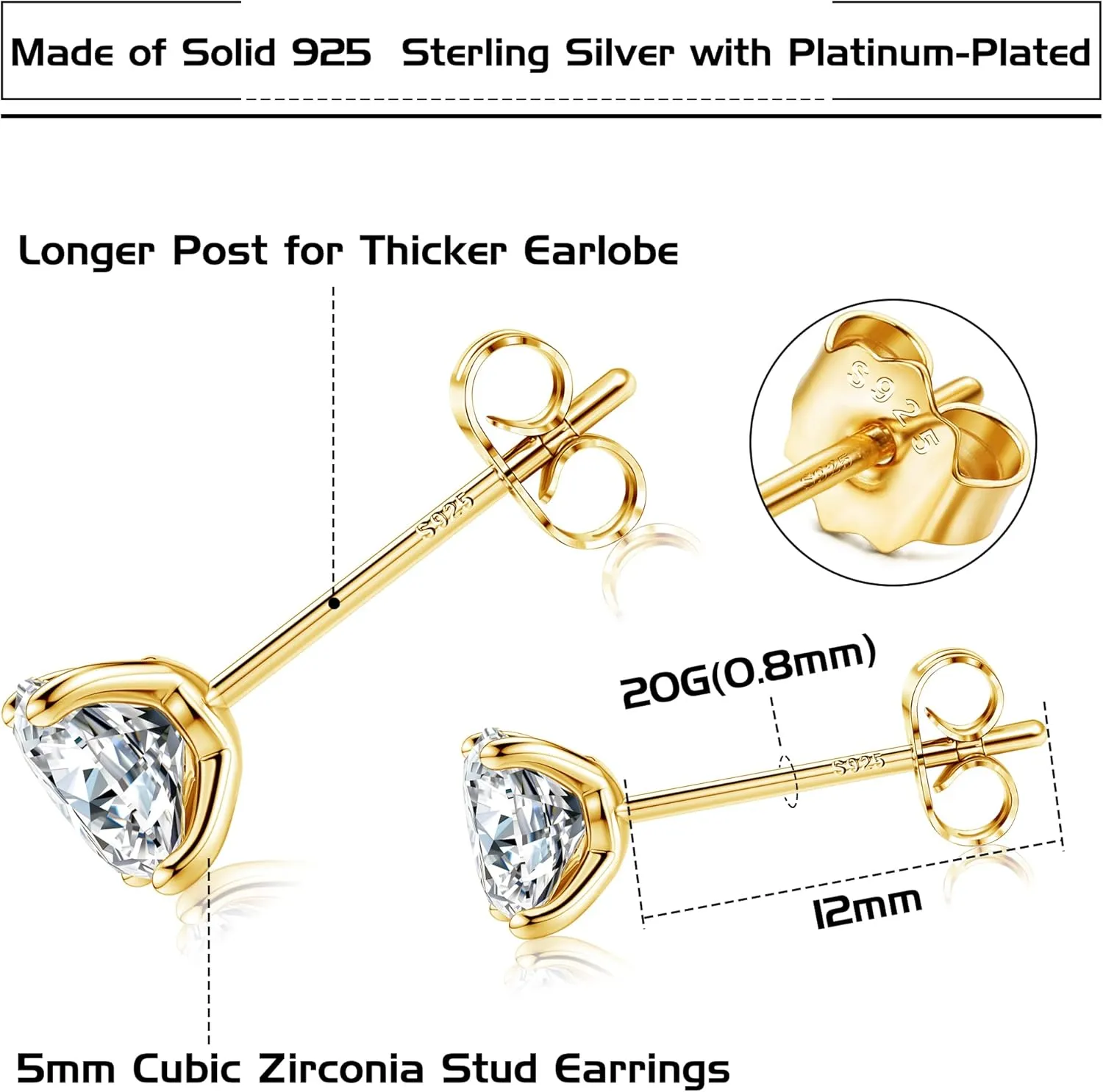 PATISORNA 925 Sterling Silver 5mm Long Post Cubic Zirconia Stud Earrings for Women Men, CZ Studs Earrings Hypoallergenic