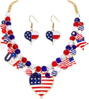Patriotic Necklace Earrings Rede White Blue Heart Pendant Necklace Gold Chain Necklace Jewelry Set for Women Independence Day Gift