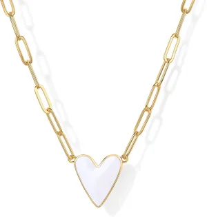 PAVOI 14K Gold Plated Heart Enamel Pendant Necklace for Women | Love Paperclip Chain Necklaces | Blue Pink Purple White Enamel Heart Pendants