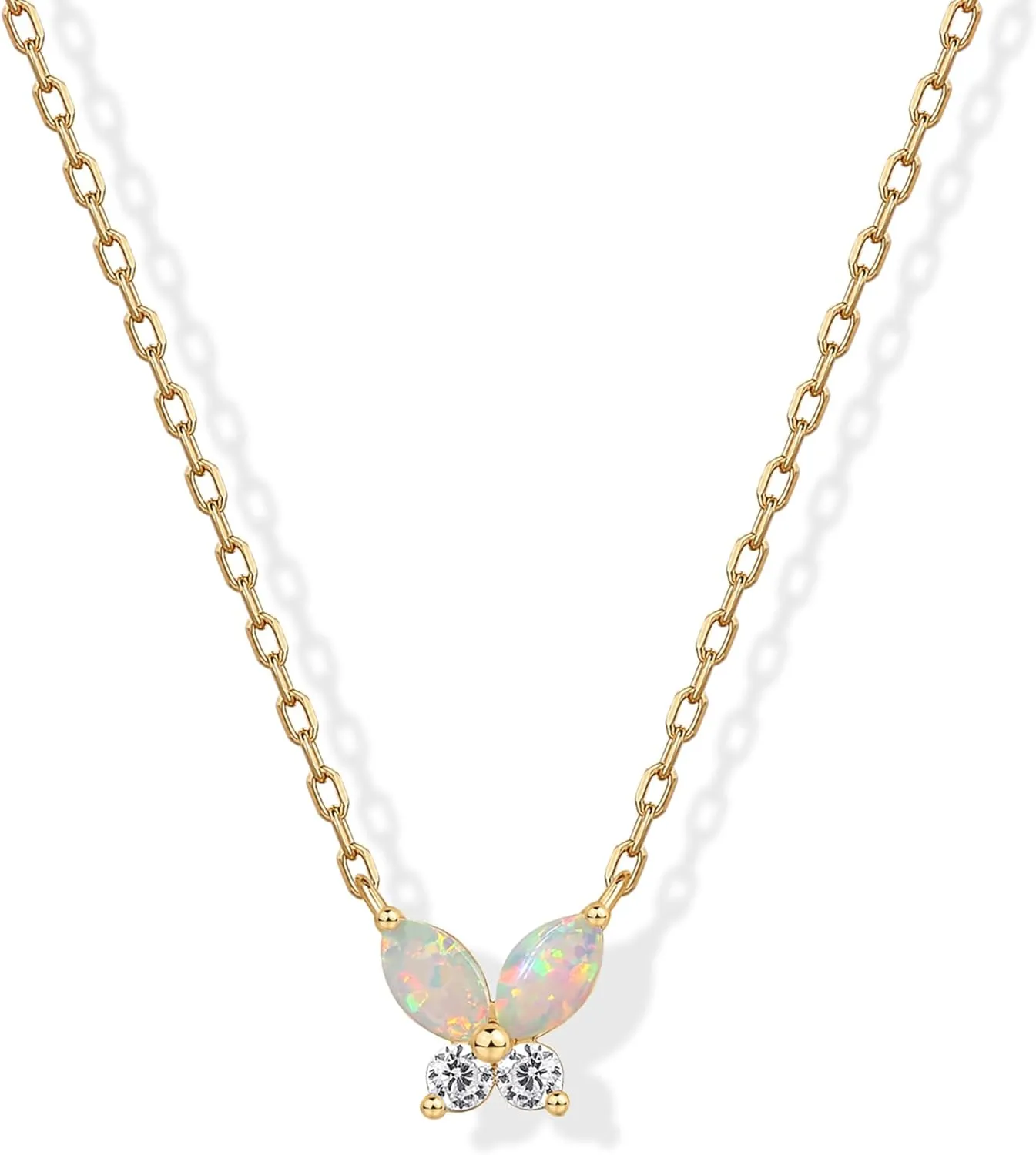 PAVOI 14K Gold Plated Opal Pendant Necklaces for Women | Created Opal Cubic Zirconia Dainty Necklace | Butterfly Round Triangle Antler Bar Pendants