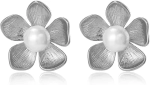 Pearl Flower Earrings for Women Trendy,Dainty Pearl Earrings Gold Plated Cute Flower Earrings Hypoallergenic Pearl Stud Earrings for Women Gold Wedding Jewelry Gifts