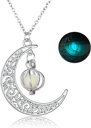Pearl Necklace with Heart Pendant The Hollow Glow Stone Glow Pendant in Dark Necklace Moon Necklaces & Pendants (Blue Green, One Size)
