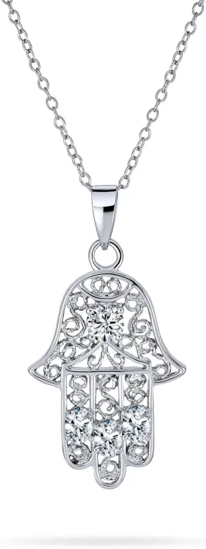 Personalize Yogi Cubic Zirconia Blue CZ Amulet Talisman Hamsa Hand Of God Pendant Necklace Dangle Earring For Women Teen Jewelry Set Black Oxidized .925 Sterling Silver Customizable