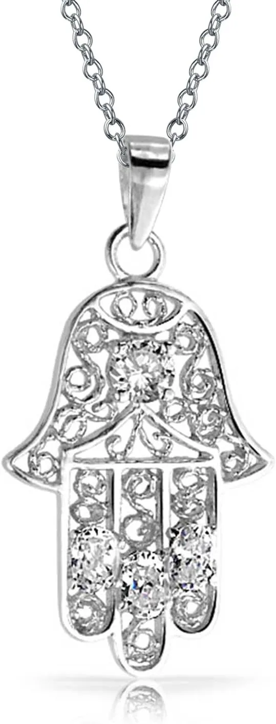 Personalize Yogi Cubic Zirconia Blue CZ Amulet Talisman Hamsa Hand Of God Pendant Necklace Dangle Earring For Women Teen Jewelry Set Black Oxidized .925 Sterling Silver Customizable