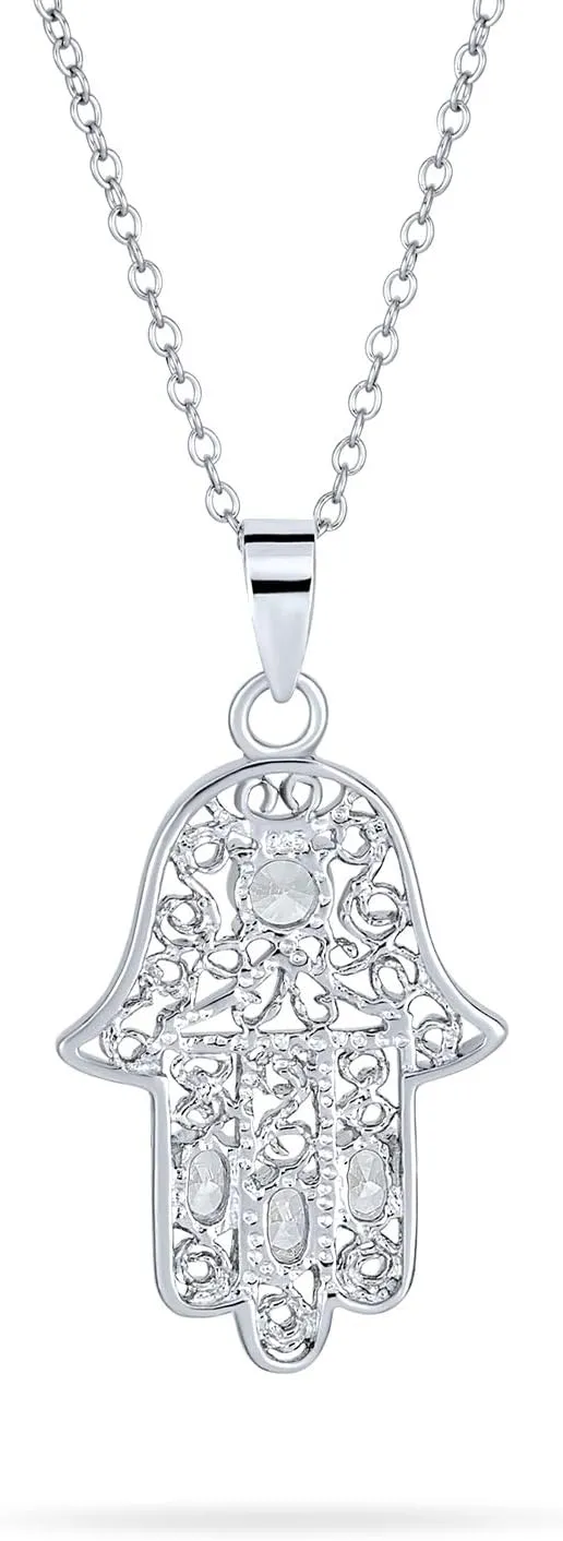 Personalize Yogi Cubic Zirconia Blue CZ Amulet Talisman Hamsa Hand Of God Pendant Necklace Dangle Earring For Women Teen Jewelry Set Black Oxidized .925 Sterling Silver Customizable