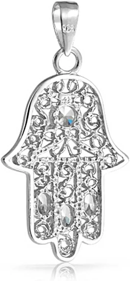 Personalize Yogi Cubic Zirconia Blue CZ Amulet Talisman Hamsa Hand Of God Pendant Necklace Dangle Earring For Women Teen Jewelry Set Black Oxidized .925 Sterling Silver Customizable
