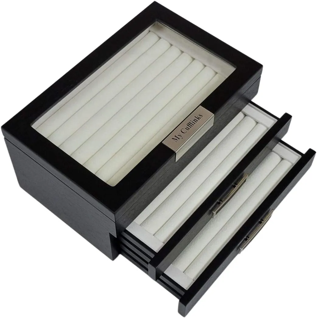 Personalized Black Ebony Wood Cufflink Case & Ring Storage Organizer with Stainless Steel Engravable Design Accent Men's Jewelry Box for 108 Cufflinks