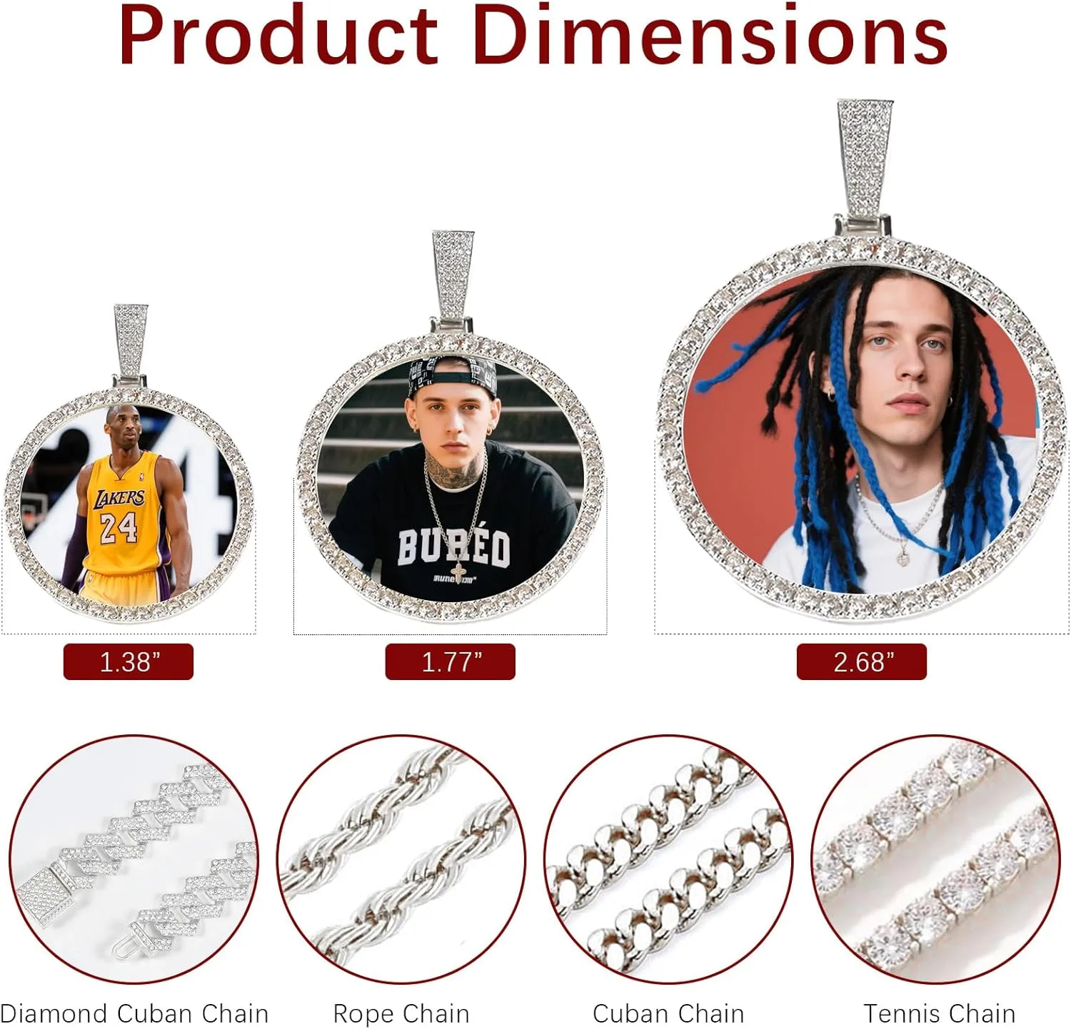 Personalized Circle Chain Big Pendant Picture Chain Custom Pendant for Men Women Oversized Photo with Cubic Zirconia Hip-hop Jewelry for Friends Lovers Family
