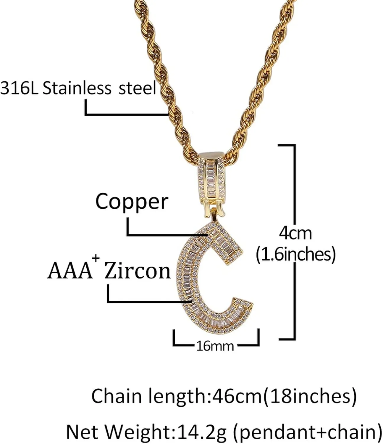 Personalized Custom Name Necklace Iced Cubic Zircon Baguette Initial Letters Pendant Necklace Words Name With 4mm CZ Rope Chain Jewelry (GOLD 5letter,20inch Rope Chain)