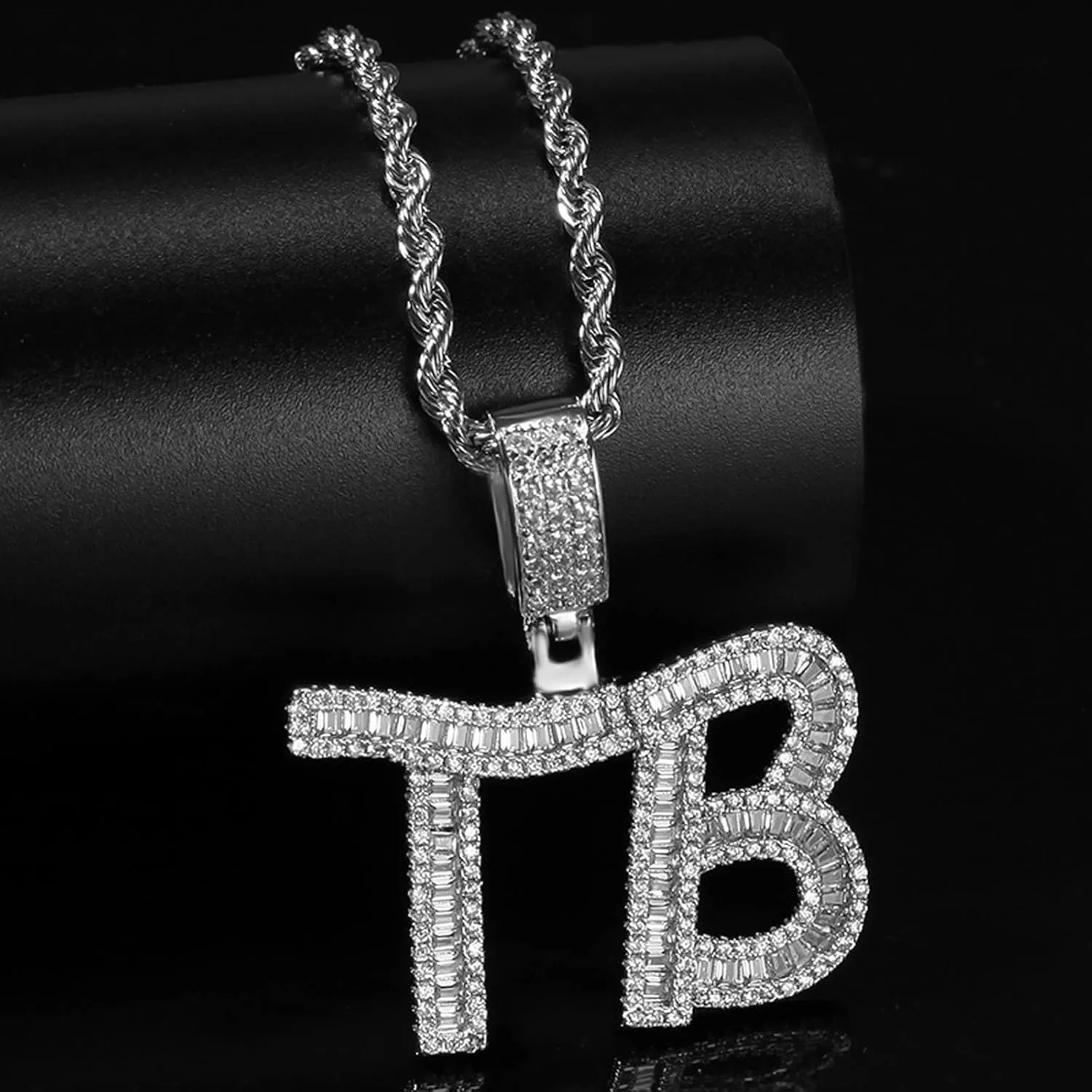 Personalized Custom Name Necklace Iced Cubic Zircon Baguette Initial Letters Pendant Necklace Words Name With 4mm CZ Rope Chain Jewelry (GOLD 5letter,20inch Rope Chain)