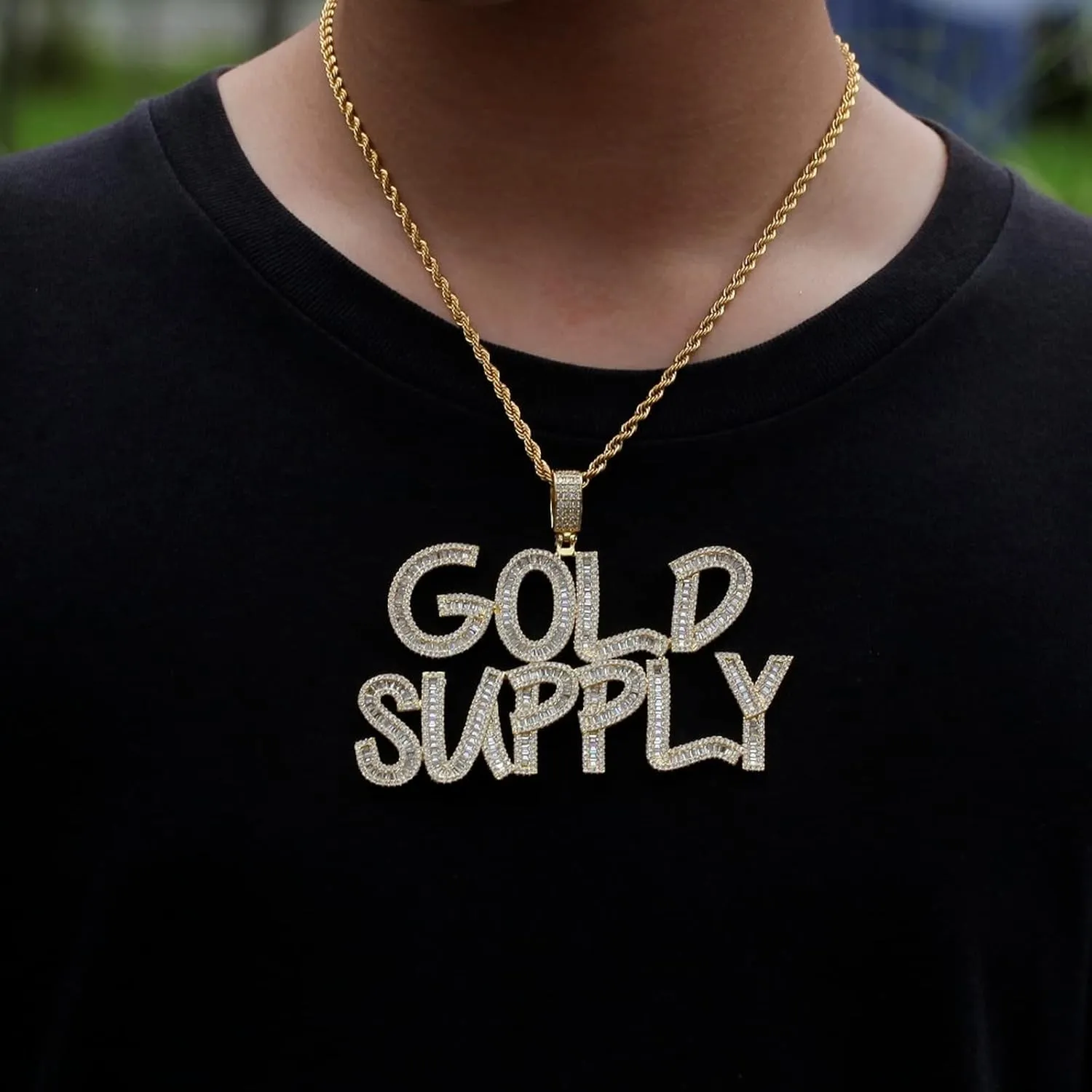 Personalized Custom Name Necklace Iced Cubic Zircon Baguette Initial Letters Pendant Necklace Words Name With 4mm CZ Rope Chain Jewelry (GOLD 5letter,20inch Rope Chain)