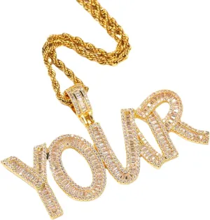 Personalized Custom Name Necklace Iced Cubic Zircon Baguette Initial Letters Pendant Necklace Words Name With 4mm CZ Rope Chain Jewelry (GOLD 5letter,20inch Rope Chain)