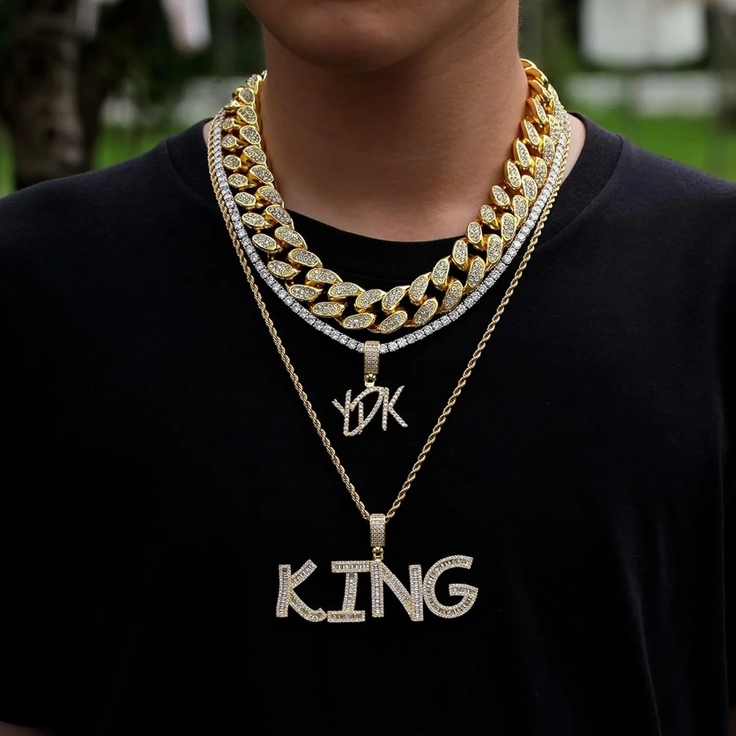 Personalized Custom Name Necklace Iced Cubic Zircon Baguette Initial Letters Pendant Necklace Words Name With 4mm CZ Rope Chain Jewelry (GOLD 5letter,20inch Rope Chain)