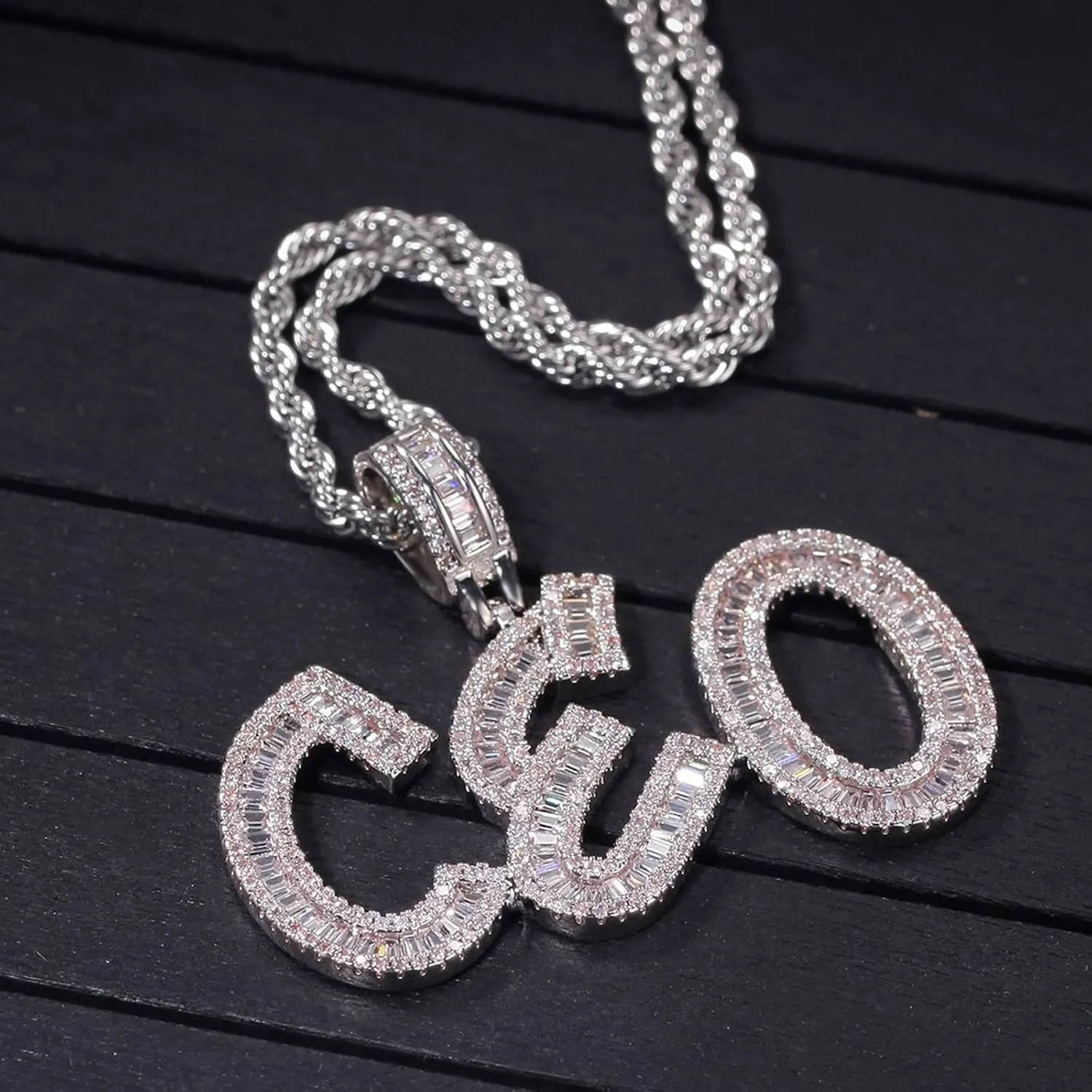 Personalized Custom Name Necklace Iced Cubic Zircon Baguette Initial Letters Pendant Necklace Words Name With 4mm CZ Rope Chain Jewelry (GOLD 5letter,20inch Rope Chain)