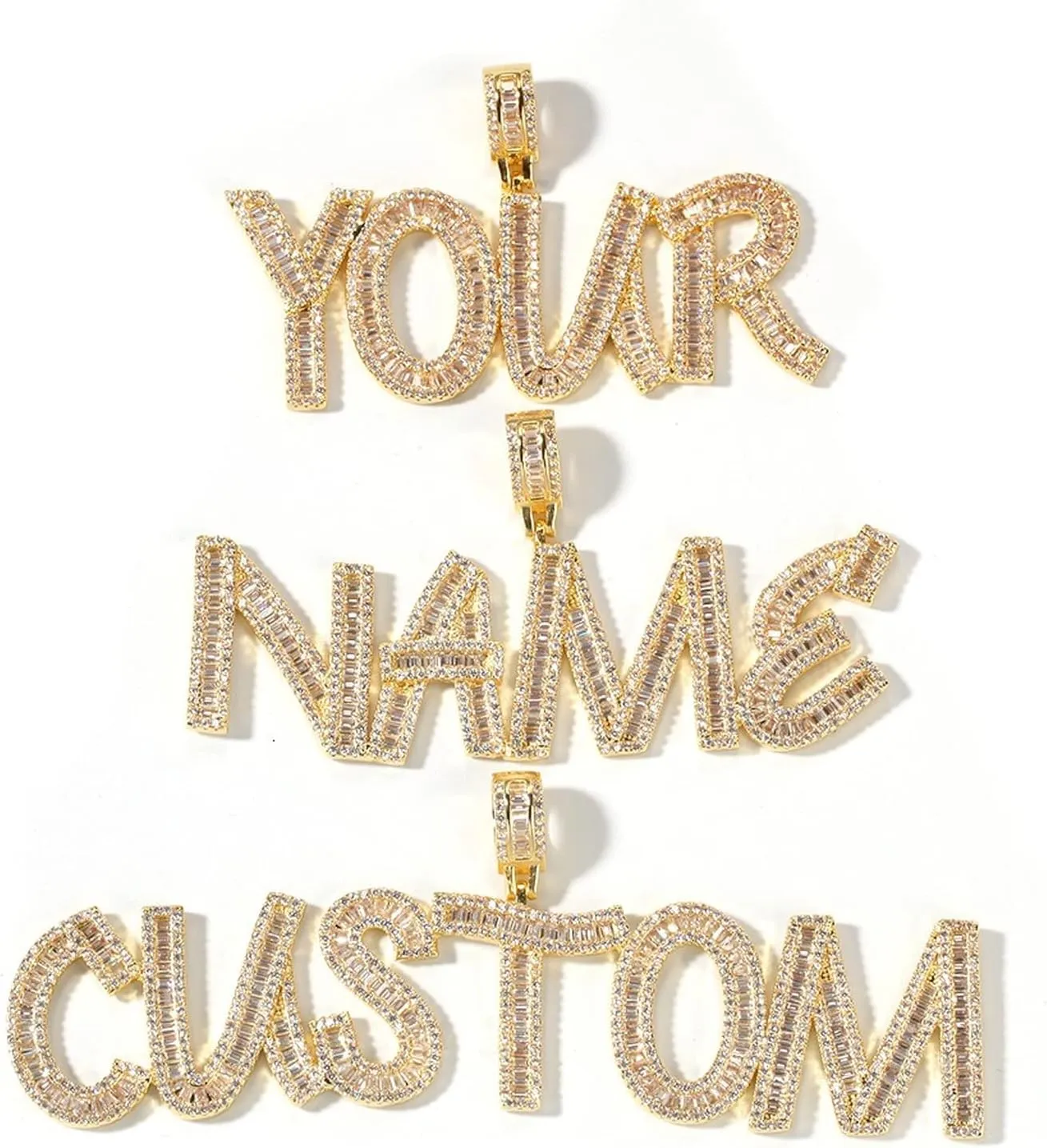 Personalized Custom Name Necklace Iced Cubic Zircon Baguette Initial Letters Pendant Necklace Words Name With 4mm CZ Rope Chain Jewelry (GOLD 5letter,20inch Rope Chain)