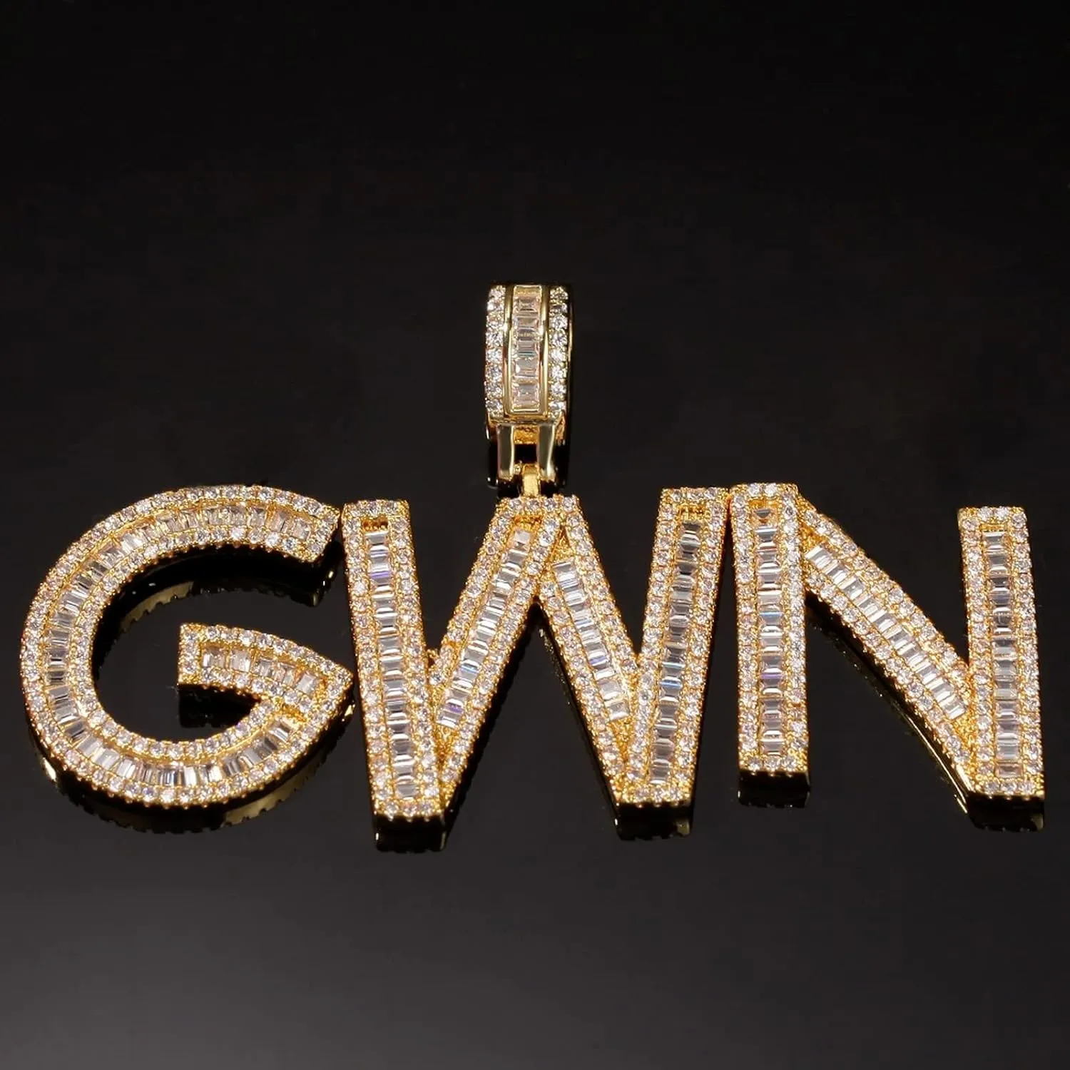Personalized Custom Name Necklace Iced Cubic Zircon Baguette Initial Letters Pendant Necklace Words Name With 4mm CZ Rope Chain Jewelry (GOLD 5letter,20inch Rope Chain)
