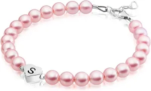 Personalized Initial Letter Alphabet Charm Bracelet for Girl, Kids Sterling Silver Jewelry for Girls Baptism Gifts, Birthday Gift, Pink Pearl Heart Initial Bracelet Letter A-Z