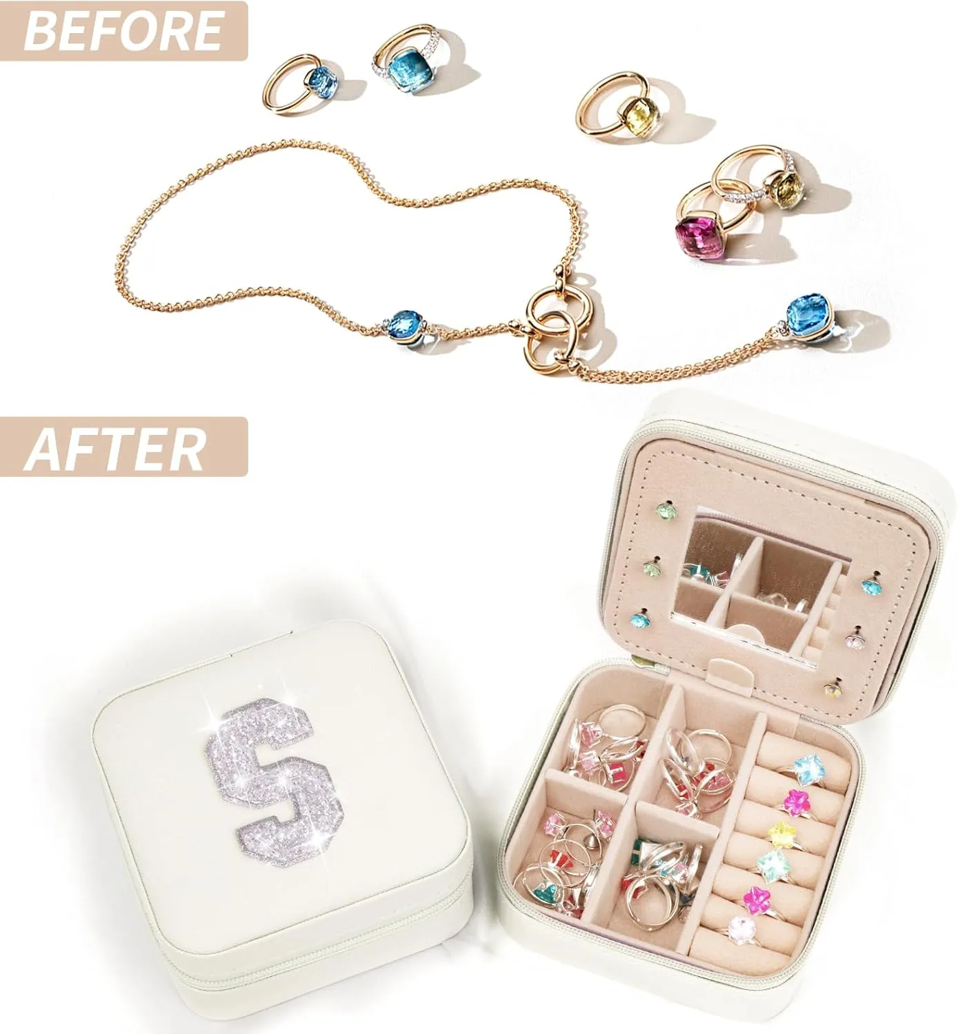 Personalized Jewelry Case for Women Girls - Fashion Small Jewelry Boxes - Trendy Travel Jewelry Organizer with Initials Letter - Teen Gifts - Cream Box | White S