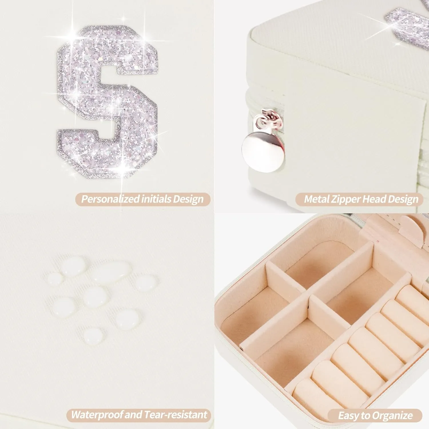 Personalized Jewelry Case for Women Girls - Fashion Small Jewelry Boxes - Trendy Travel Jewelry Organizer with Initials Letter - Teen Gifts - Cream Box | White S