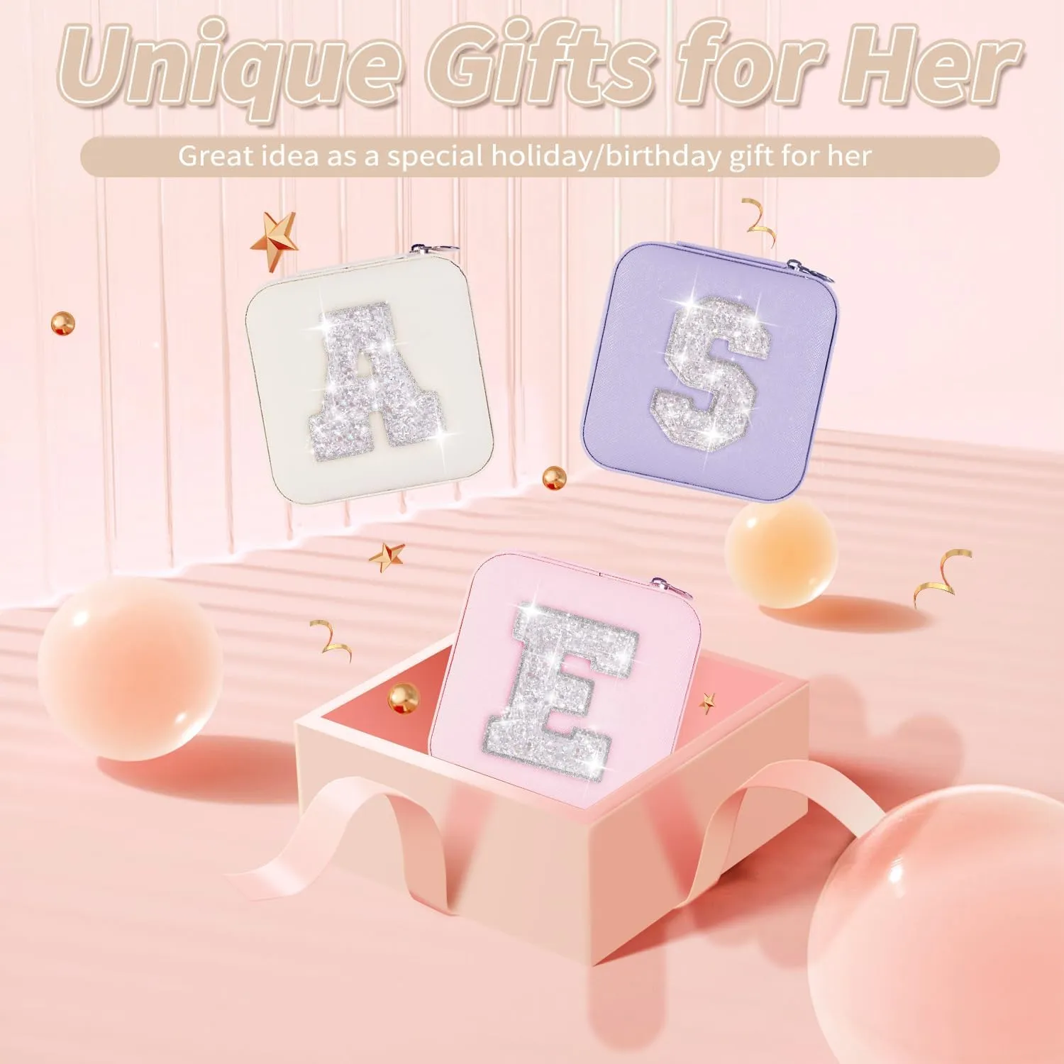 Personalized Jewelry Case for Women Girls - Fashion Small Jewelry Boxes - Trendy Travel Jewelry Organizer with Initials Letter - Teen Gifts - Cream Box | White S
