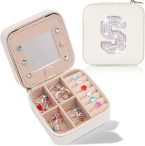 Personalized Jewelry Case for Women Girls - Fashion Small Jewelry Boxes - Trendy Travel Jewelry Organizer with Initials Letter - Teen Gifts - Cream Box | White S