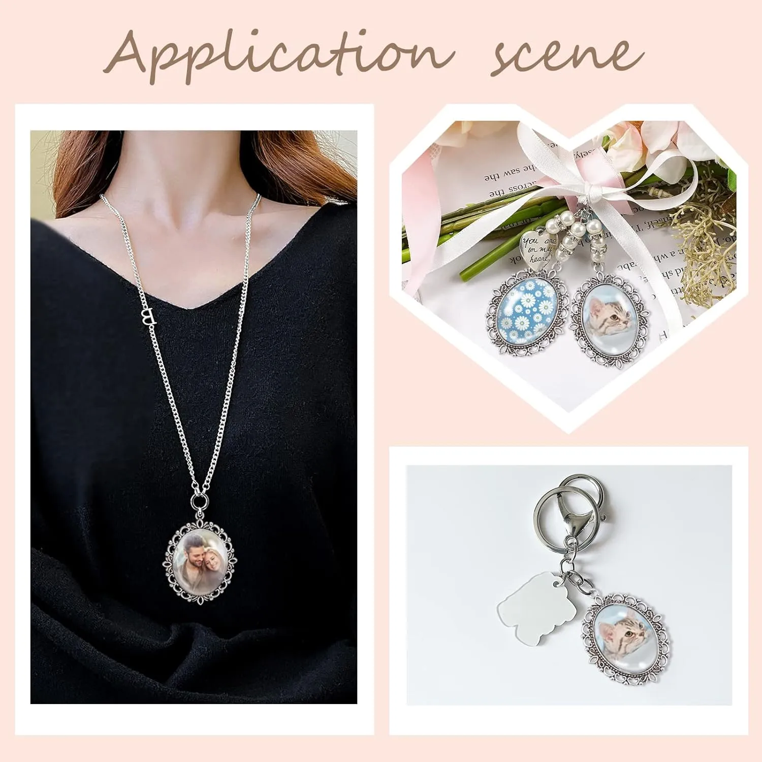 PH PandaHall Pendant Trays Set Wedding Bouquet Photo Charms Antique Silver Memory Charm Pendant Bezels Cabochon Blanks Settings 30x40mm Oval Glass Cabochon for Jewelry Making Wedding Graduation 5Sets