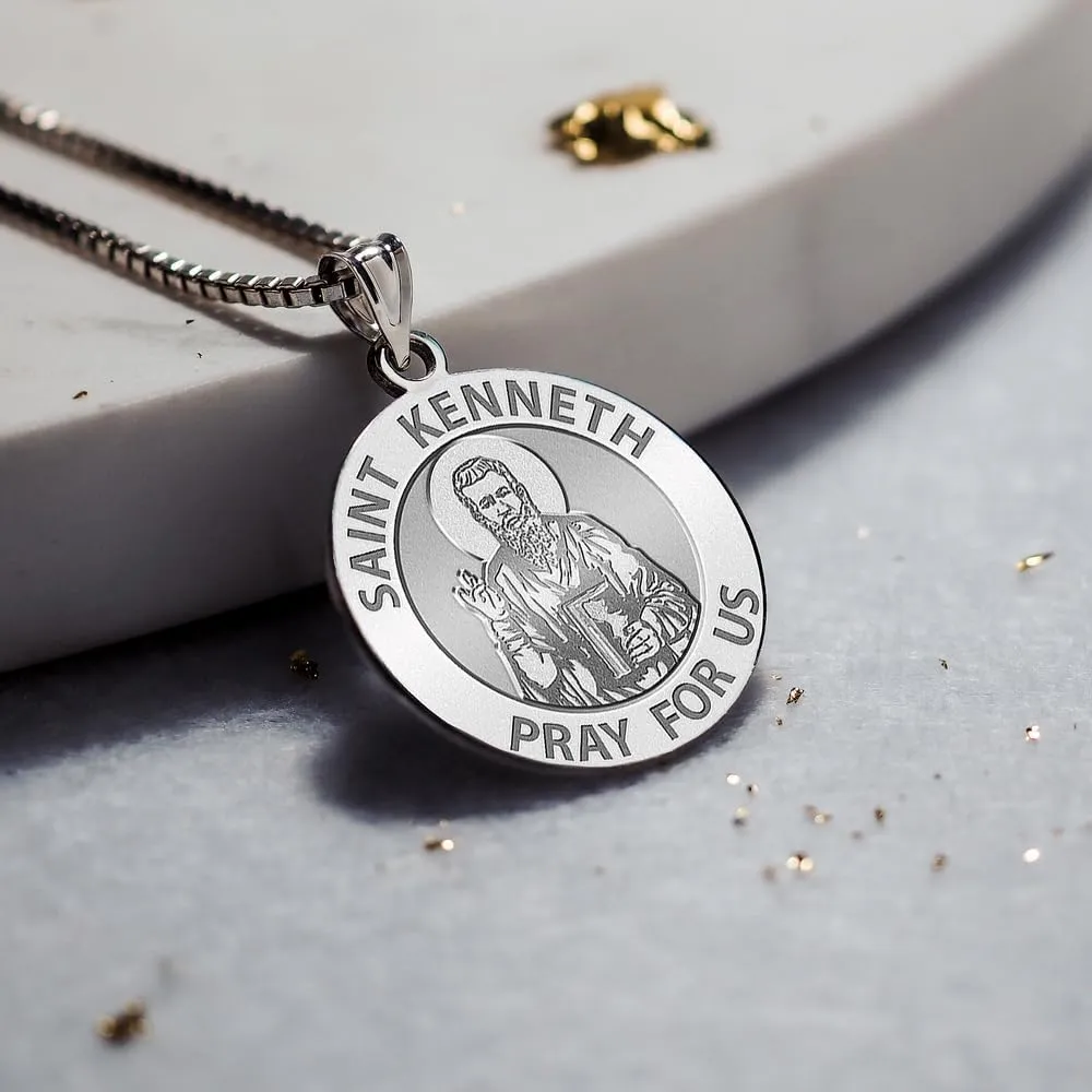 PicturesOnGold.com Saint Kenneth Religious Medal - Sterling Silver and 10K or 14k Gold - Round Pendants Protection Jewelry Christian Gifts for Men & Women