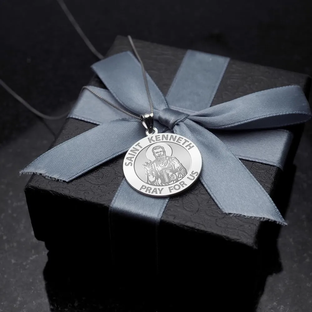PicturesOnGold.com Saint Kenneth Religious Medal - Sterling Silver and 10K or 14k Gold - Round Pendants Protection Jewelry Christian Gifts for Men & Women