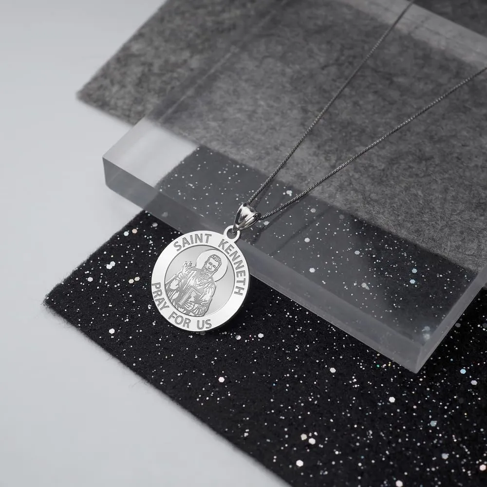 PicturesOnGold.com Saint Kenneth Religious Medal - Sterling Silver and 10K or 14k Gold - Round Pendants Protection Jewelry Christian Gifts for Men & Women