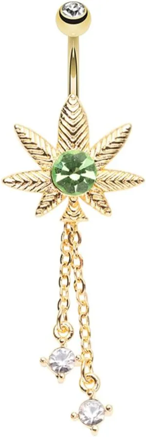 Pierced Owl 14GA Gold Plated Stainless Steel Light Green CZ Crystal Pot Leaf with Dangling Chains Belly Button Ring