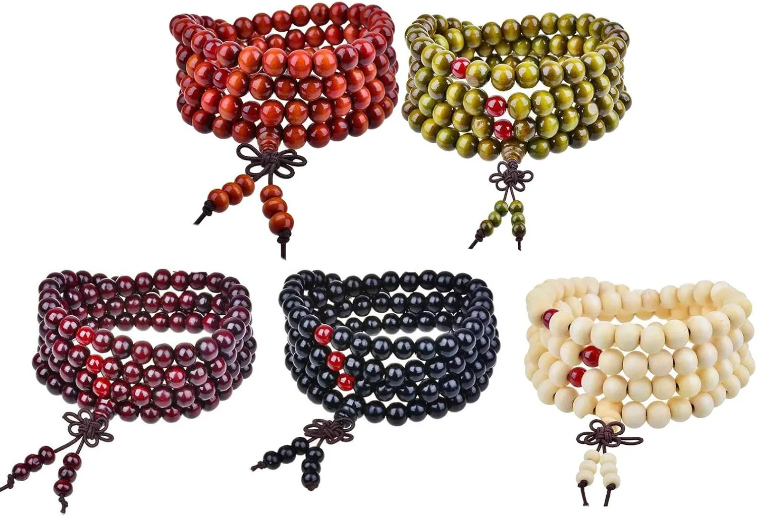Pingyongchang 1-5 Pcs Unisex 108 Natural Sandalwood Beads Prayer Bracelets 8MM Wood Beads Stackable Bracelet Wooden Necklace Meditation Buddhist Rosary Mala Necklaces for Women Men