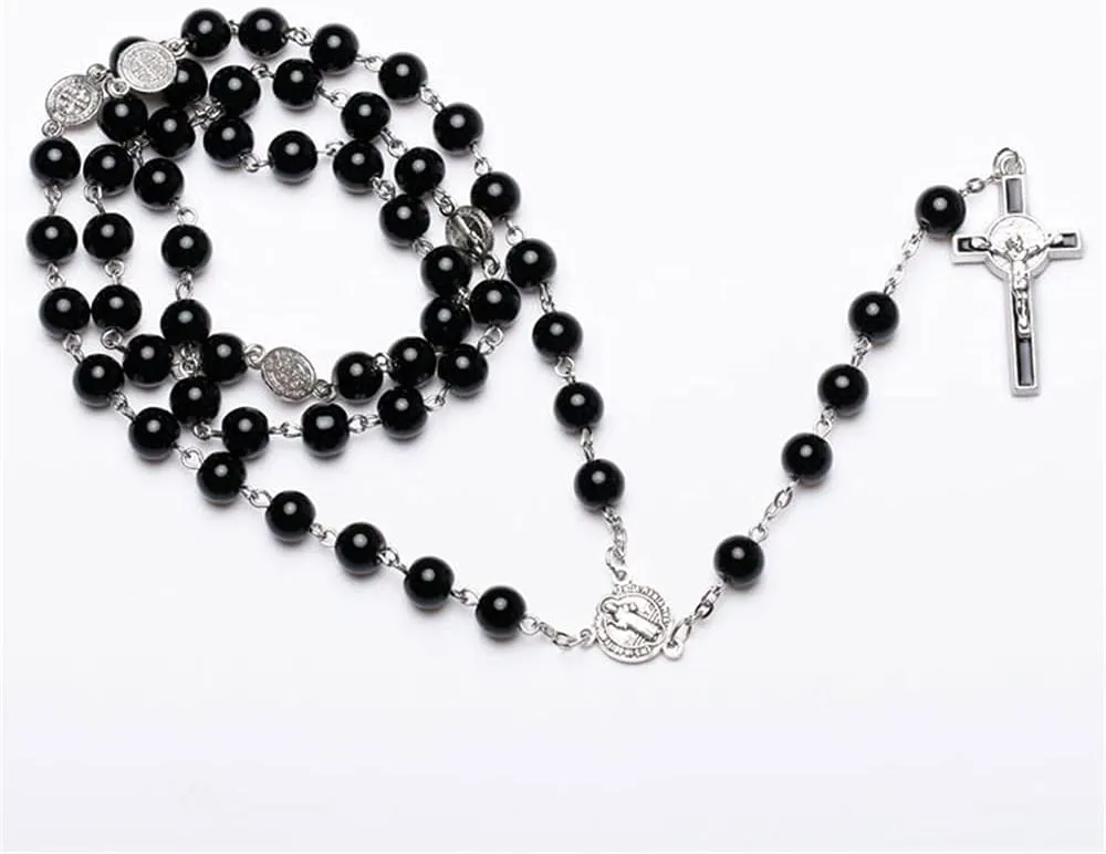Pingyongchang Glow in The Dark Rosary Luminous Necklace Glow in The Dark Cross Y Necklaces Catholic Round Beads Religious Jesus Crucifix Rosary Chains for Women Men