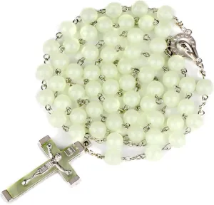 Pingyongchang Glow in The Dark Rosary Luminous Necklace Glow in The Dark Cross Y Necklaces Catholic Round Beads Religious Jesus Crucifix Rosary Chains for Women Men