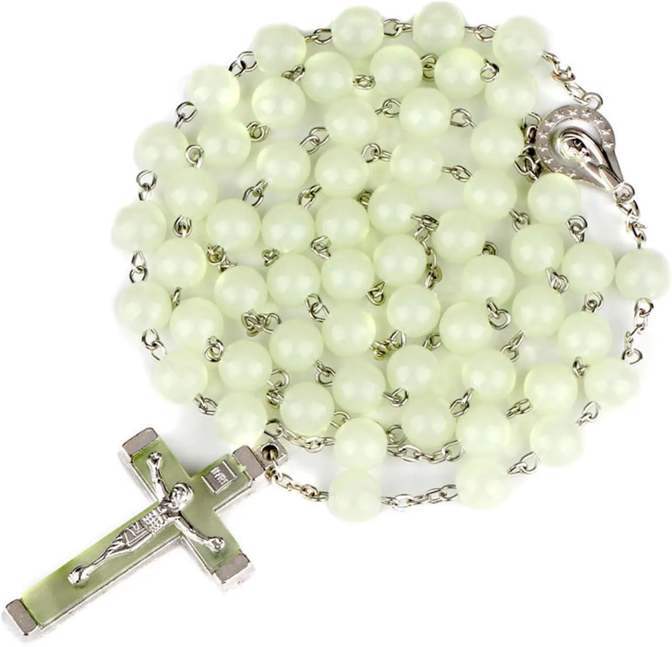 Pingyongchang Glow in The Dark Rosary Luminous Necklace Glow in The Dark Cross Y Necklaces Catholic Round Beads Religious Jesus Crucifix Rosary Chains for Women Men