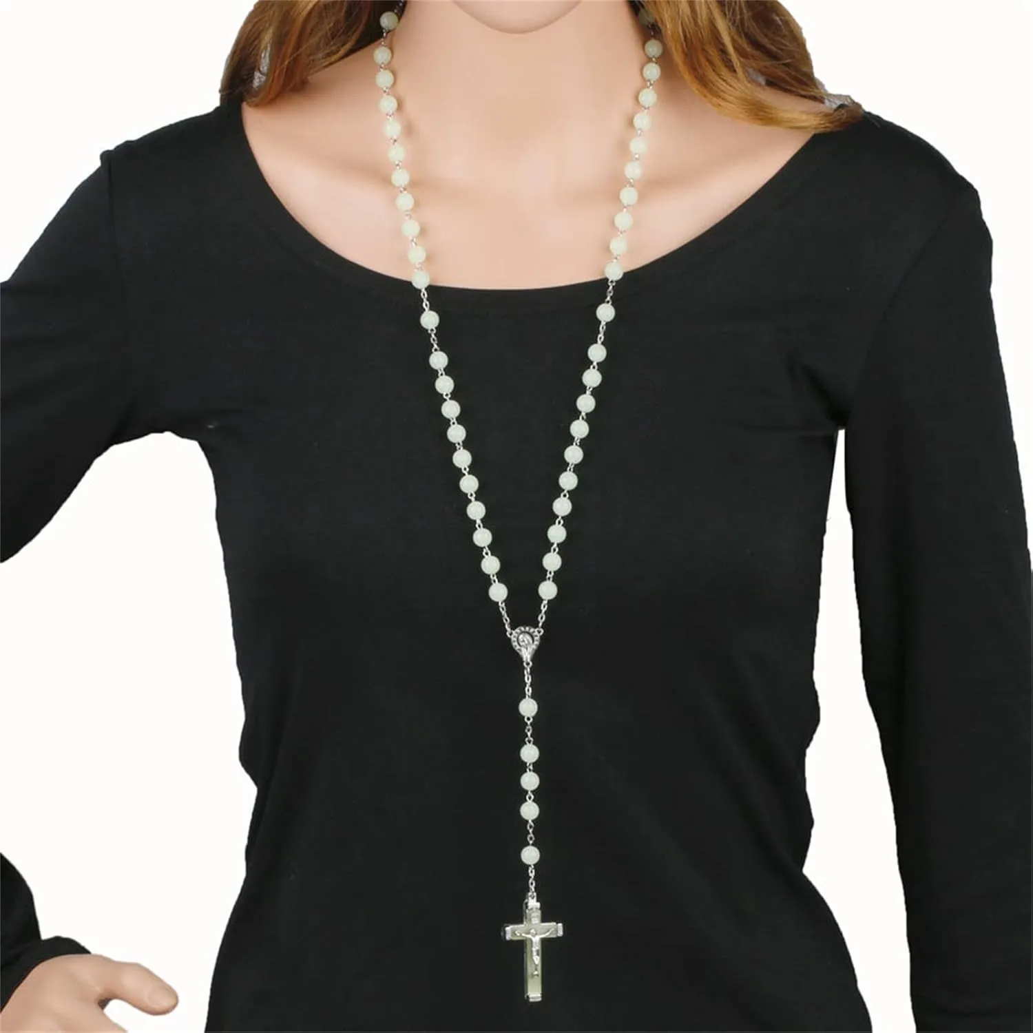 Pingyongchang Glow in The Dark Rosary Luminous Necklace Glow in The Dark Cross Y Necklaces Catholic Round Beads Religious Jesus Crucifix Rosary Chains for Women Men