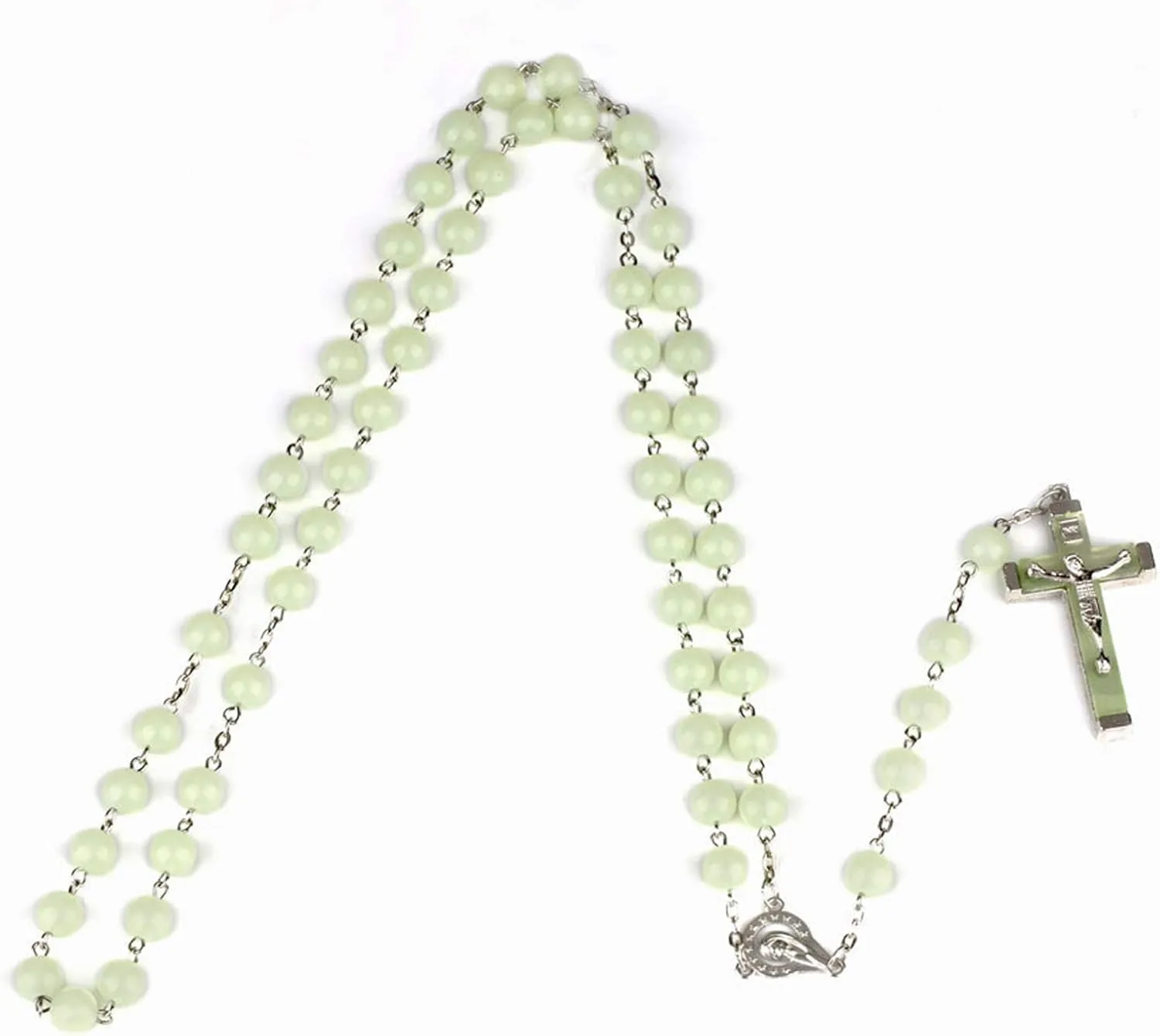 Pingyongchang Glow in The Dark Rosary Luminous Necklace Glow in The Dark Cross Y Necklaces Catholic Round Beads Religious Jesus Crucifix Rosary Chains for Women Men