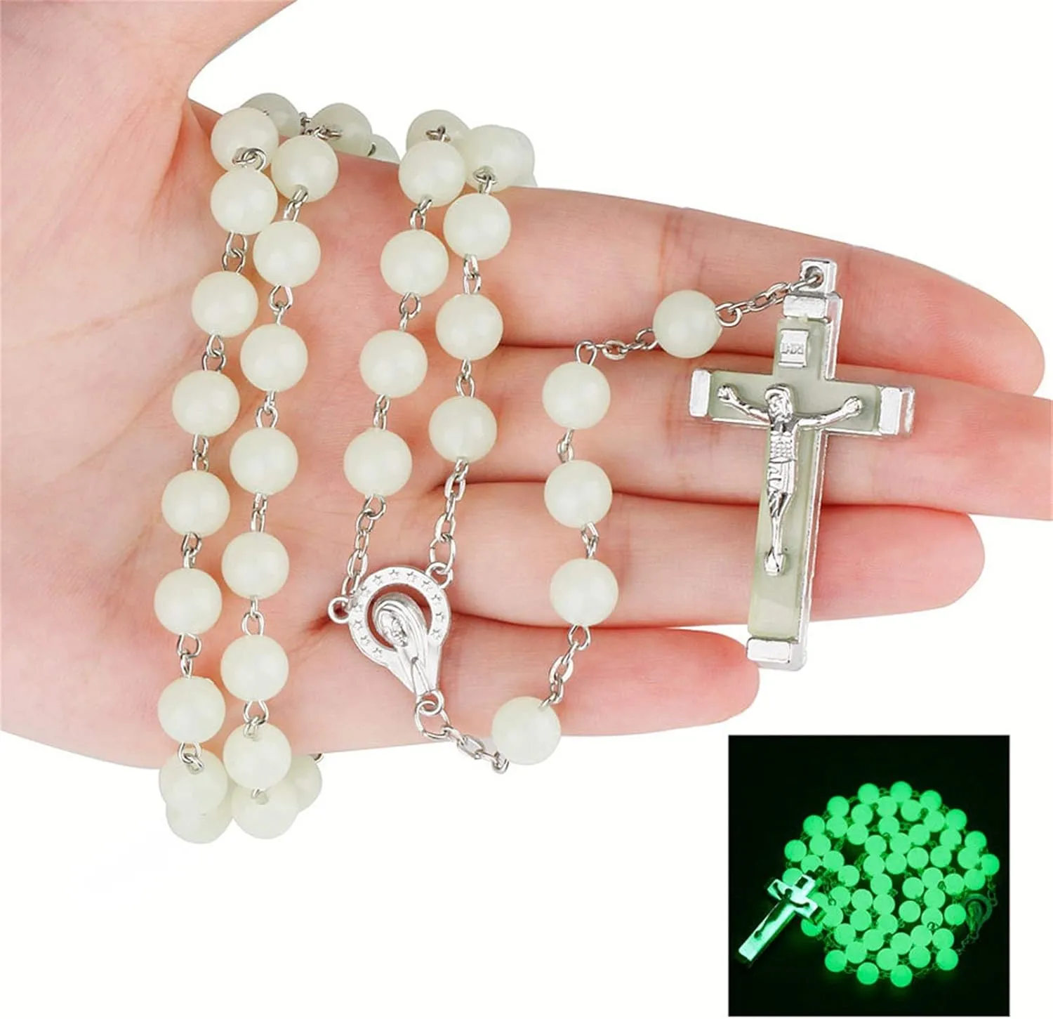 Pingyongchang Glow in The Dark Rosary Luminous Necklace Glow in The Dark Cross Y Necklaces Catholic Round Beads Religious Jesus Crucifix Rosary Chains for Women Men