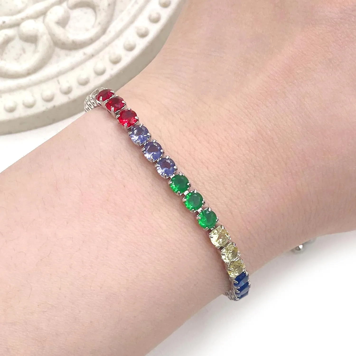 Platinum Box Chain Classic Tennis Adjustable Bracelet, Multi-colored Cubic Zirconia Women's Crystal Gem Bracelet-Hypoallergenic Bracelets